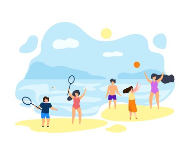 Çocuklar plaj vektör düz yaz aylarında badminton oynayın