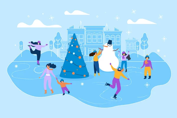 Flat Illustration Ice Rink on Big City Street. — Stock Vector