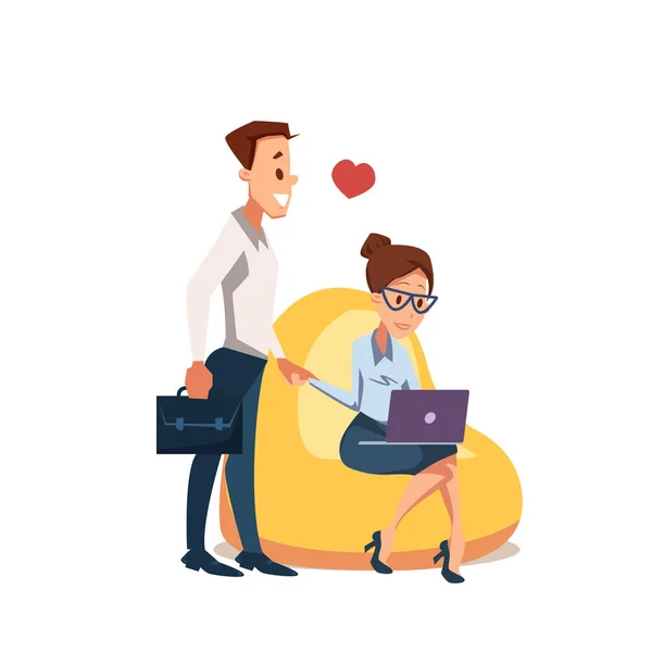 Pár zamilovanej sedí v beanbag křeslo s laptopem — Stockový vektor