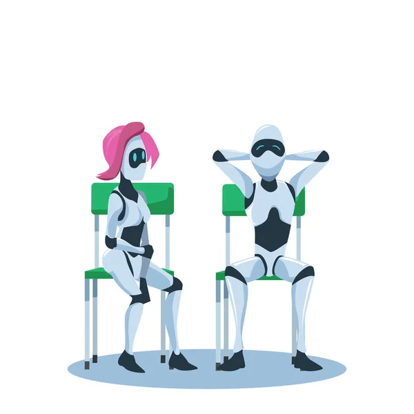 Relaxado Masculino e Pensivo Feminino Robô Sente-se na cadeira —  Vetores de Stock