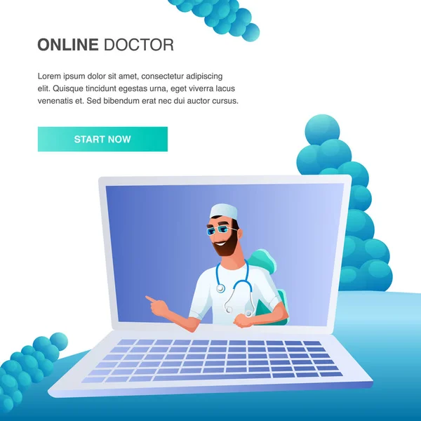 Hombre Doctor Ayuda Paciente Online por Monitor de Computadora — Vector de stock