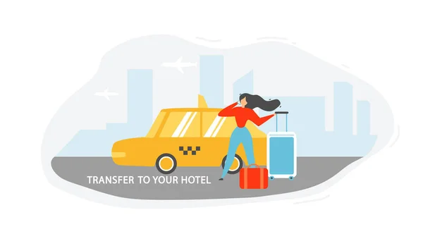 Otel taksi düz vektör konsepti ile transfer — Stok Vektör