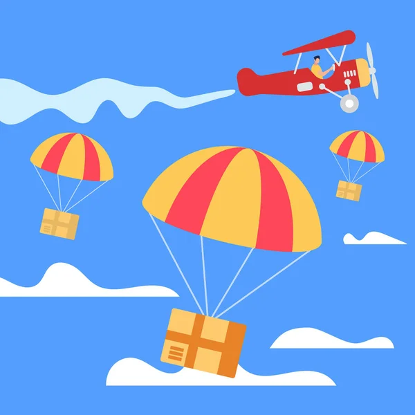 Paracaídas con cajas cayendo desde el avión — Archivo Imágenes Vectoriales