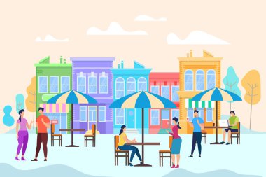 İnsanlar oturmak ve açık hava Cafe masalarında rahatla