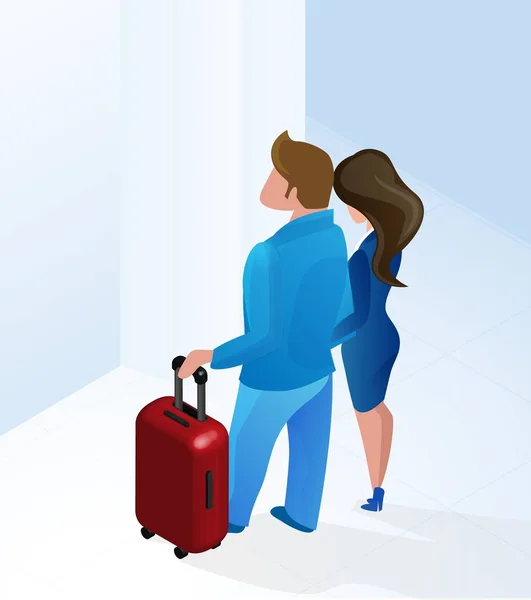 Pareja Hombre y Mujer Llegando al Hotel Hall Isométrico — Vector de stock