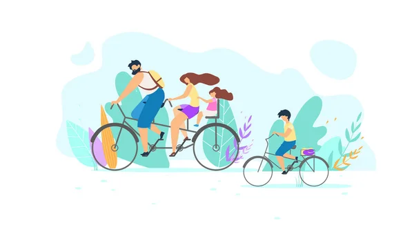 自然に自転車に乗っての若い家族をベクトル フラット — ストックベクタ