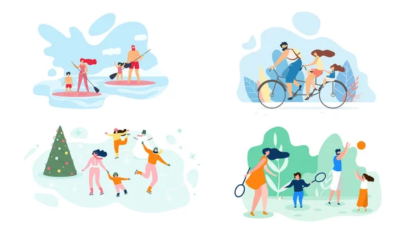 Fin de semana de verano en River Whole Family Vector Flat — Archivo Imágenes Vectoriales