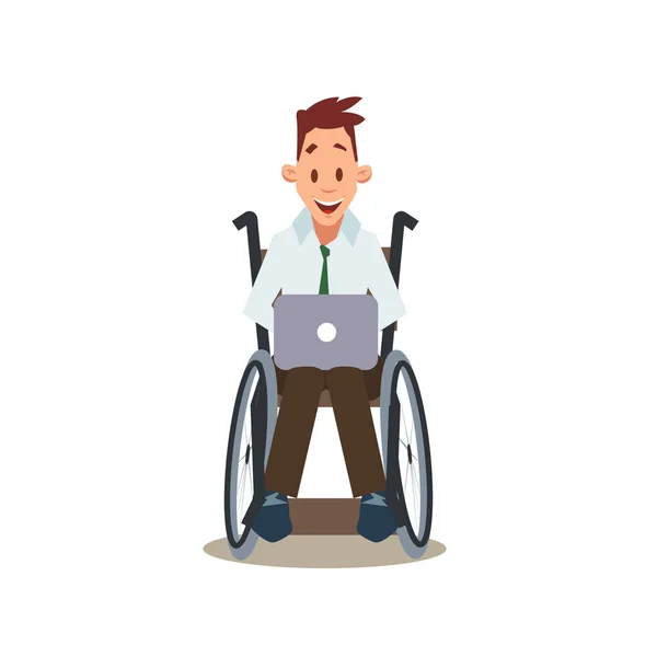 快乐残疾男子在轮椅上工作的笔记本电脑 — 图库矢量图片