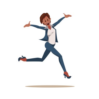 Excited Coworker Woman Wearing Pantsuit Jump Up clipart