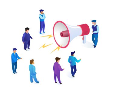 Adam konuşan içine taşınabilir hoparlör karikatür daire.