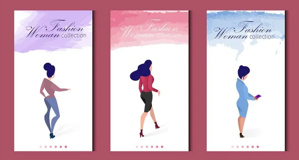 Flat Banner Set Moda Mulher Coleção Vestuário . — Vetor de Stock