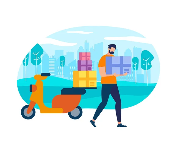 Personaje Cartero Mensajero con paquete en moto — Vector de stock