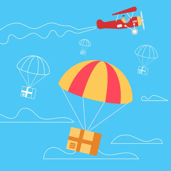 Ретро-літак викинути парашути з ящиками — стоковий вектор