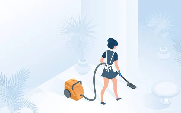 Maid in Uniform Vacuuming Floor in Hotel Hallway — Stock Vector