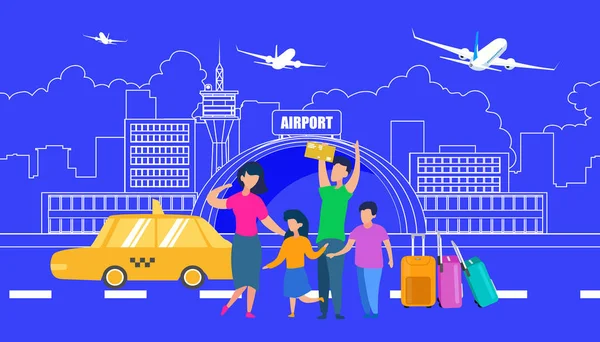 Transfert familial à l'aéroport avec Taxi Flat Vector — Image vectorielle