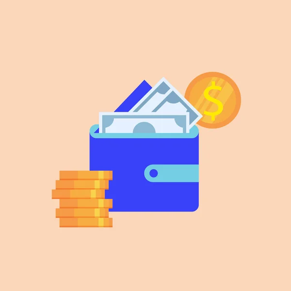 Carteira azul com notas de papel e moedas de dólar —  Vetores de Stock