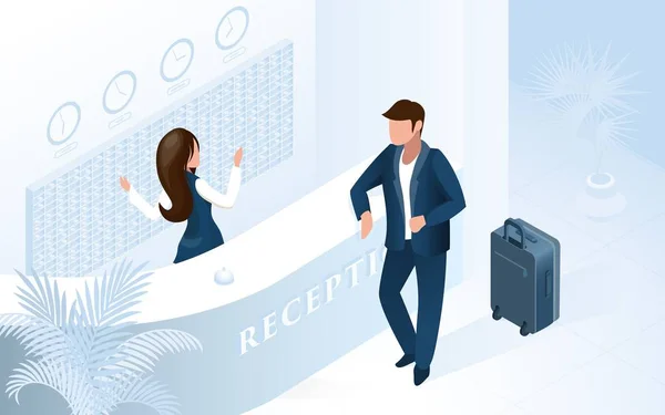 Recepcionista en el mostrador Welcome Man en el hotel — Vector de stock