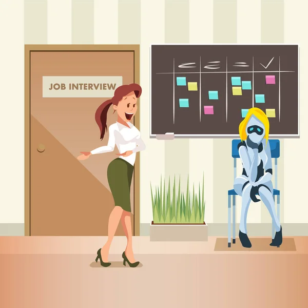 Vrouw vraag vrouwelijke robot naar kantoor sollicitatiegesprek — Stockvector