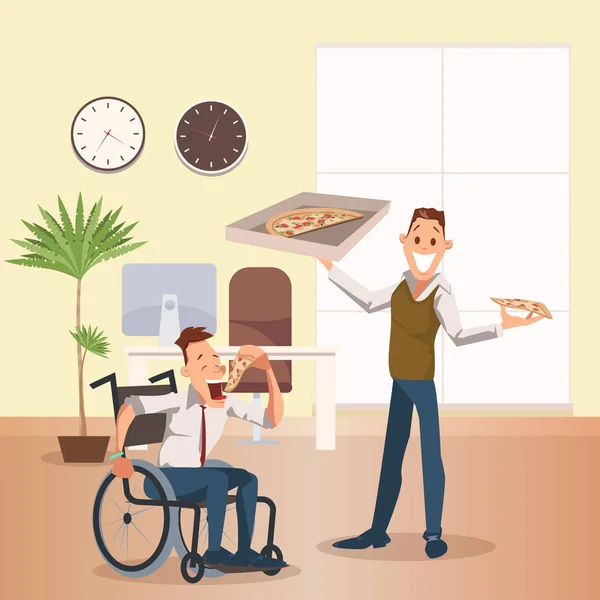 Человек ест пиццу в офисе. Счастливый работник-инвалид — стоковый вектор
