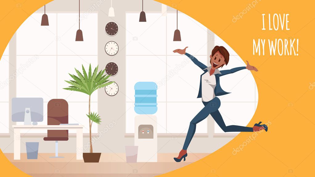 Thrilled Office Woman Jumping in Coworking Space