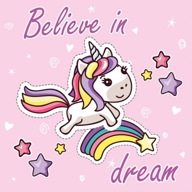 Kawaii Unicorn üzerinde Gökkuşağı Dream Sticker believe