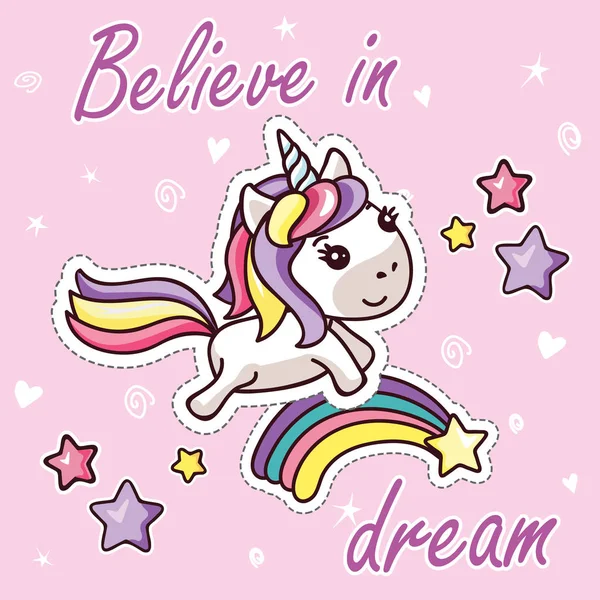 Kawaii Unicornio en Rainbow Believe in Dream Sticker — Vector de stock