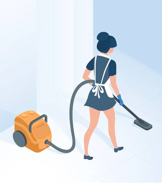 Meid in uniforme vacuuming vloer in de gang kamer — Stockvector