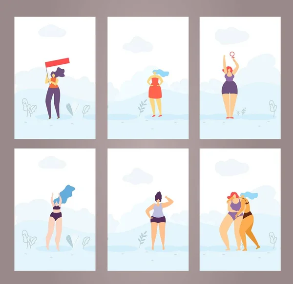 Woman Cards Pages Covers Set Feminist Flat Style - Stok Vektor