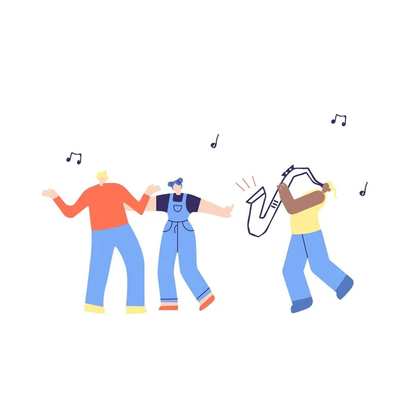 Gente bailando música e ilustración saxofónica — Vector de stock