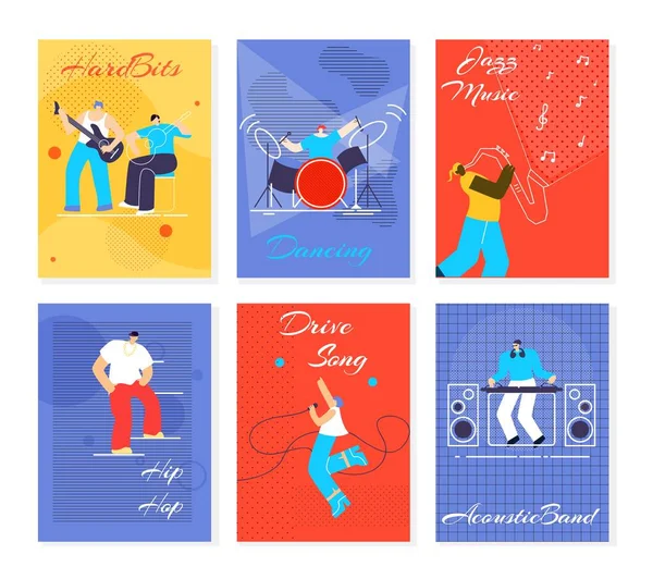 Música Pessoas Fest Cards Flat Vector Ilustração — Vetor de Stock