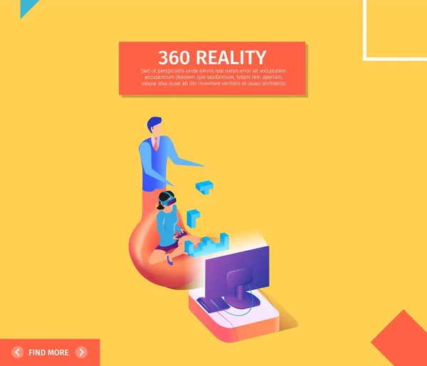 Banner de Realidad 360. Mujer en gafas VR jugando — Vector de stock