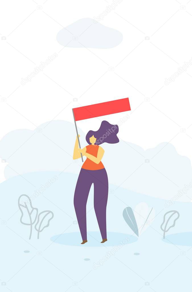 Agitating Woman with Flag Motivation Flat Banner