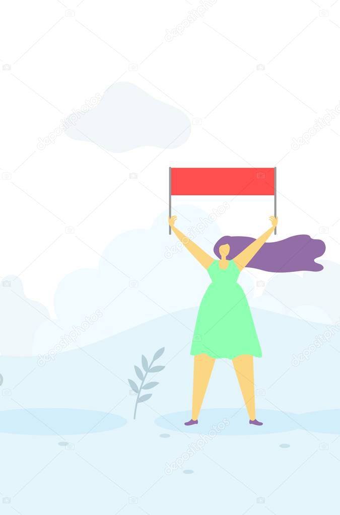 Agitating Woman with Flag over Head Flat Banner