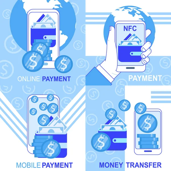 Banners de transferência de dinheiro de pagamento NFC móvel online — Vetor de Stock