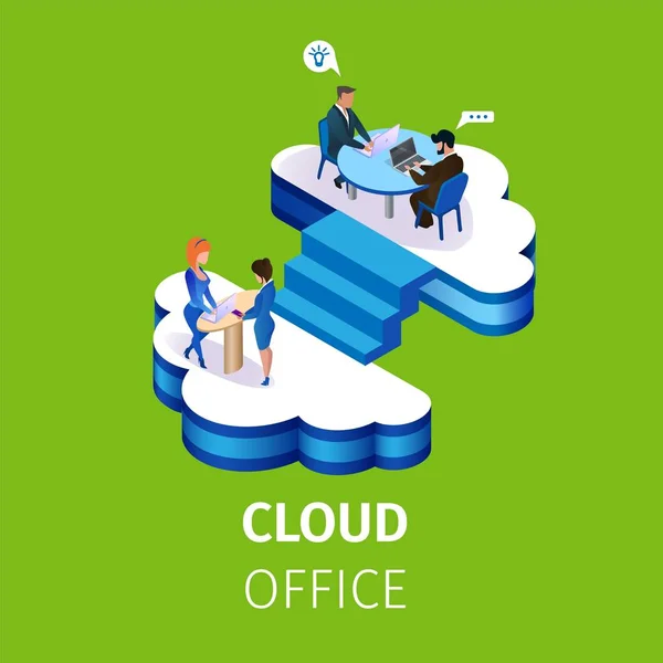 Geschäftsleute arbeiten in mehrstöckigen Cloud-Büros — Stockvektor