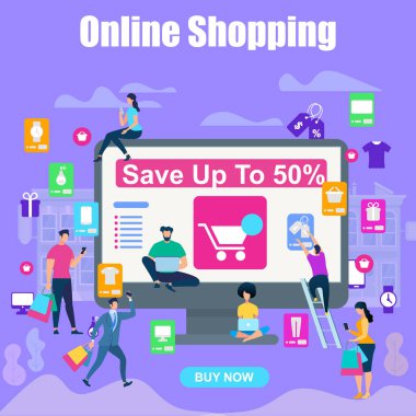 Gadget'lar ve Çantalar ile Kare Banner İnsanlar. Satış