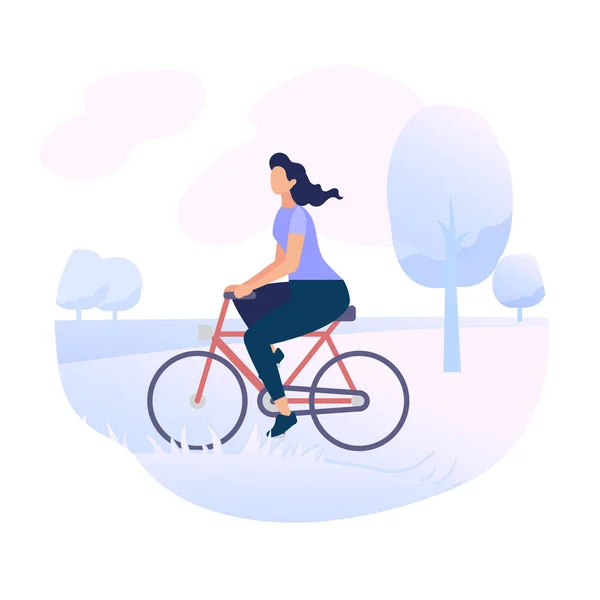 シティパークでの若い女性キャラクター乗馬自転車 — ストックベクタ