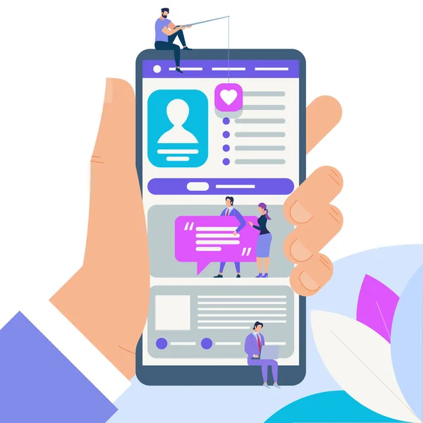 Hand hålla smartphone med små människor chattar — Stock vektor