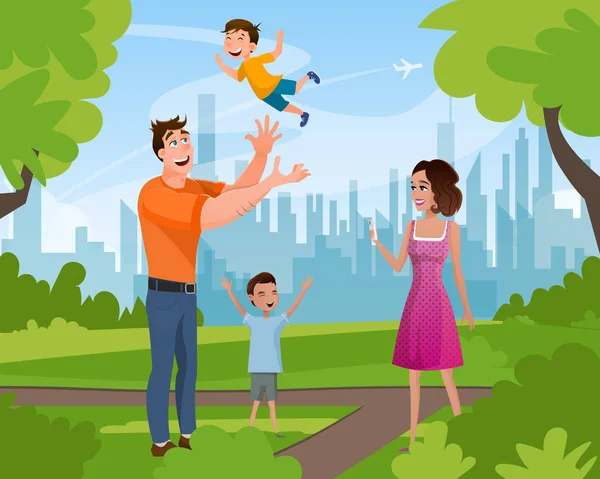 Ευτυχισμένο παιχνίδι οικογένεια περπάτημα στο θερινό πάρκο της πόλης — Διανυσματικό Αρχείο
