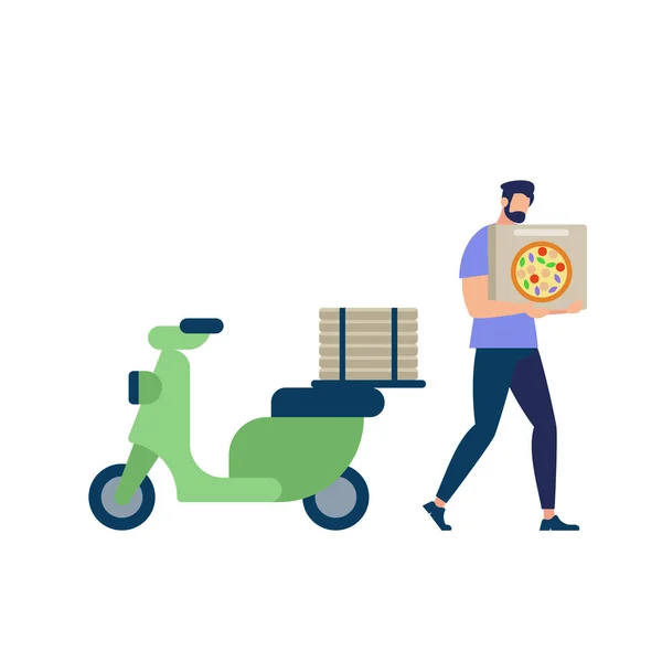 Homme barbu portant une chemise bleue Porter une boîte à pizza — Image vectorielle