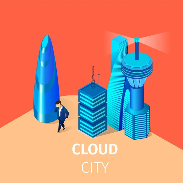 Man Walk en Smart Cloud City Edificios Inteligentes — Vector de stock
