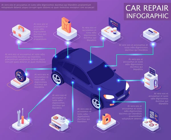 Infografica di riparazione auto nella progettazione di banner isometrici — Vettoriale Stock