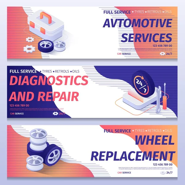 Set Car Full Service Publicidad Banner Signboard — Vector de stock