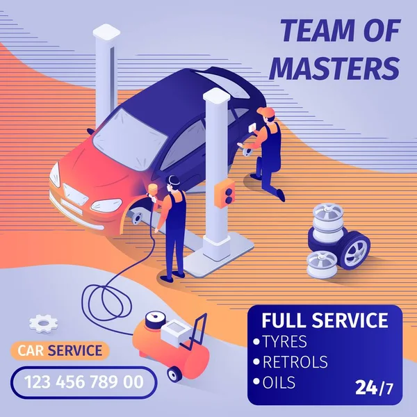 बैनर विज्ञापन कार सेवा में कुशल टीमवर्क — स्टॉक वेक्टर