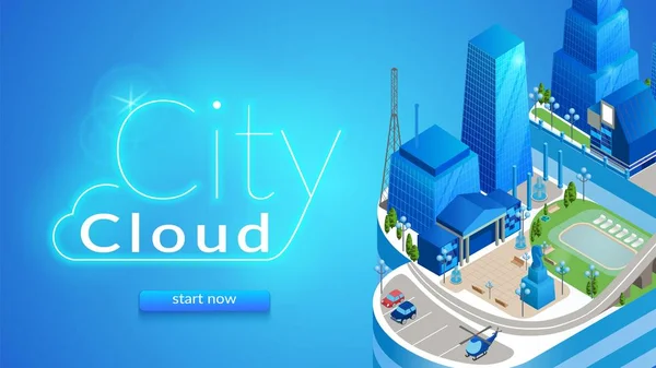 Banner horizontal de City Cloud. Paisaje urbano futurista — Vector de stock