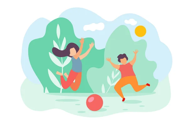 Desenhos animados crianças menino menina salto jogar brinquedo bola parque — Vetor de Stock