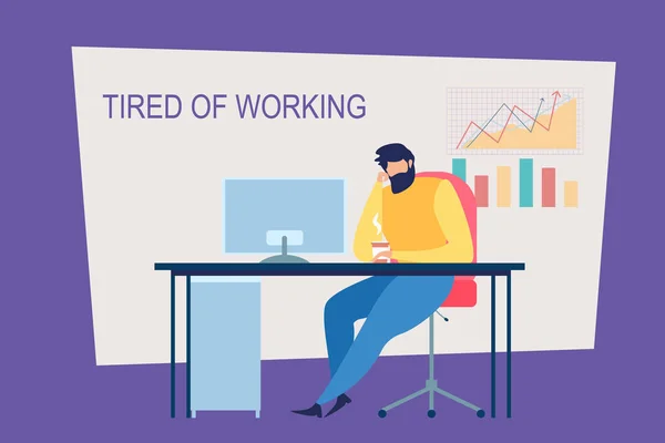 Homem dos desenhos animados cansado de trabalhar Sente-se na mesa do escritório — Vetor de Stock