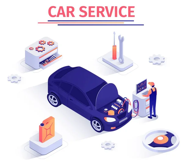 Car Inspection Service Vector Isometric Banner — Stock Vector
