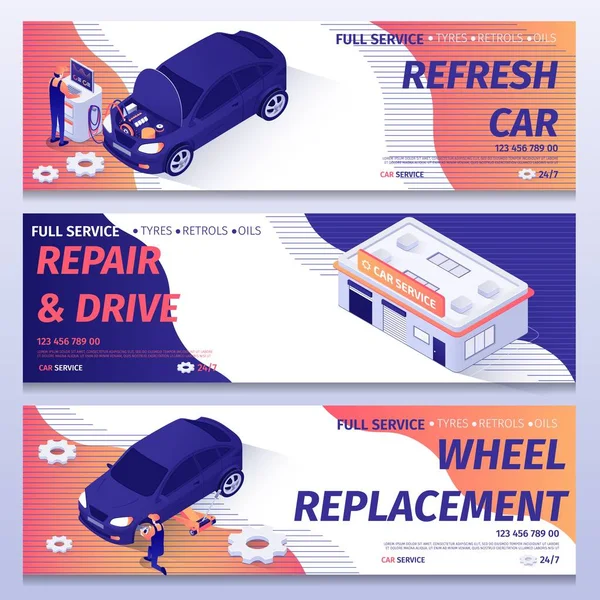 Set of Isometric Banners for Auto Repair Service — Stock Vector