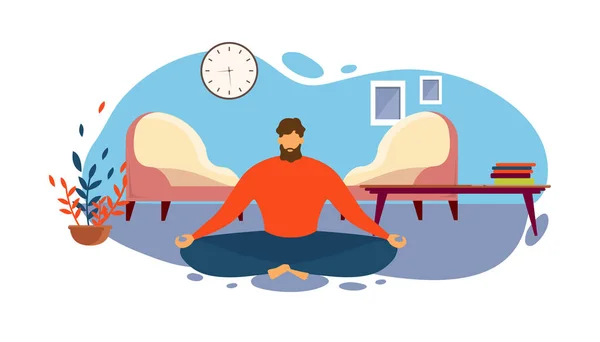 Człowiek medytować na podłodze pokój dzienny Lotus Position — Wektor stockowy